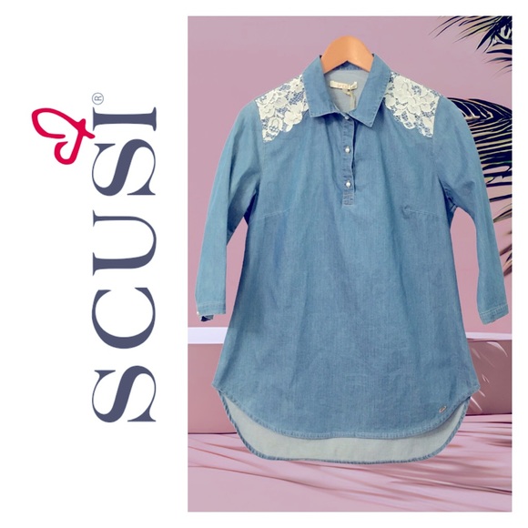 🆕 SCUSI - Denim-look Tunic - Lace Shoulders - Size M 🌺🌺🌺 - Picture 1 of 15